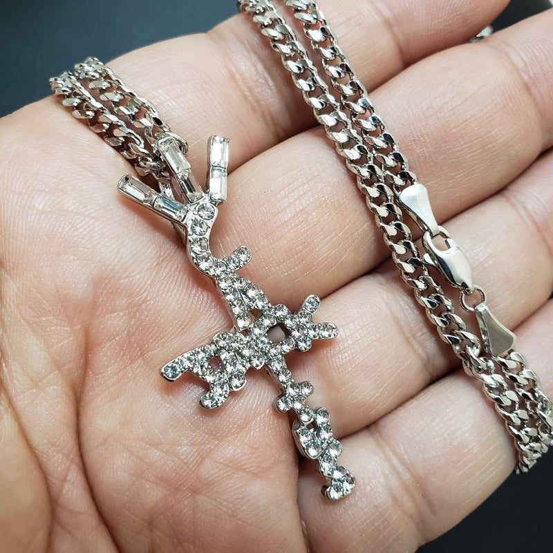 BLINGFACTORY Hip Hop Iced Crystal Cactus Jack Cross Pendant & 3mm 24 Miami Cuban Chain Necklace - Image 4